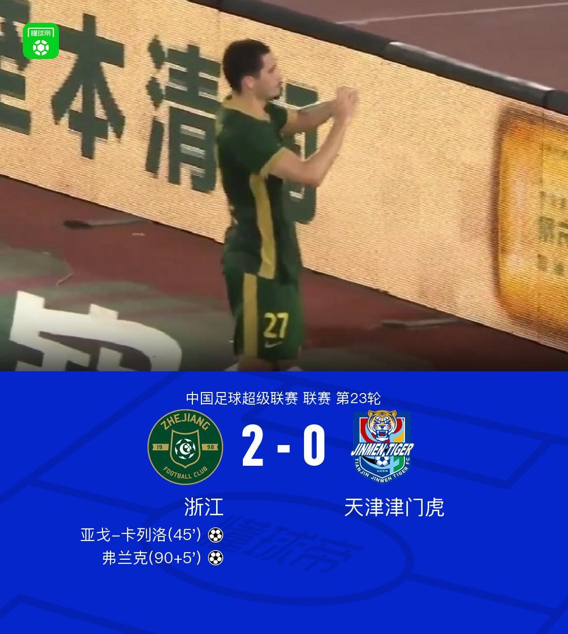 浙江2-0完胜津门虎，卡列洛破门，弗兰克建功